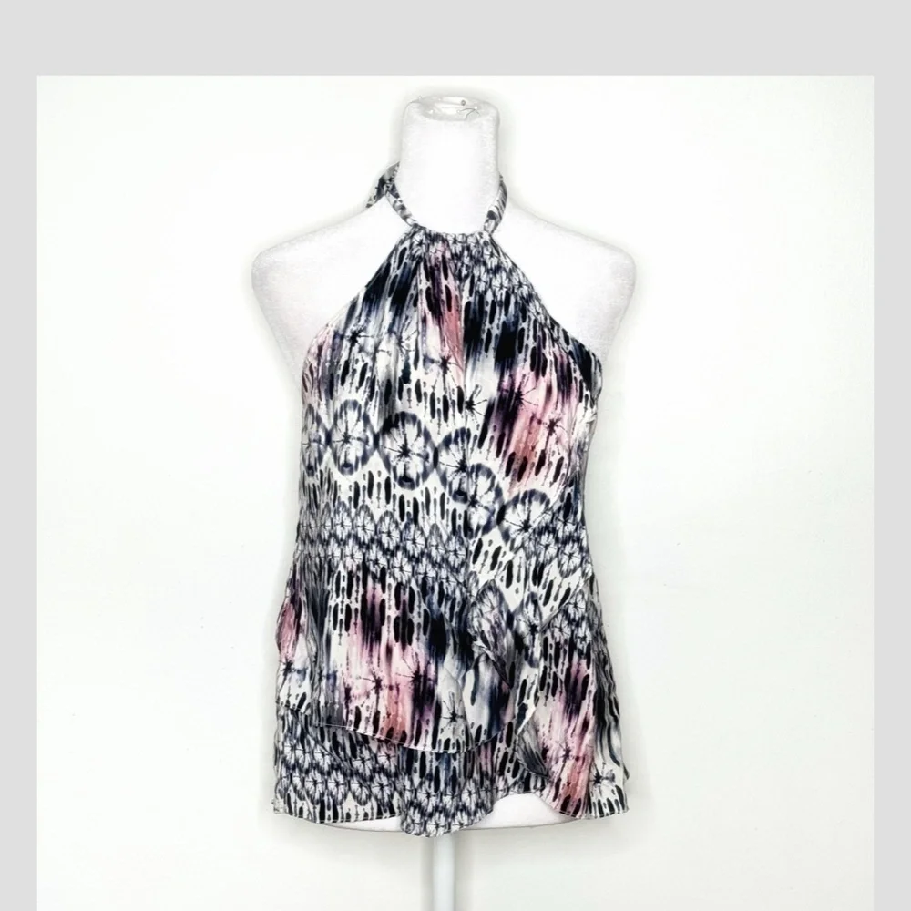 Amanda Uprichard Silk Top Halter Style Tie Neck Flyaway Styling Watercolor Print - Picture 10 of 12